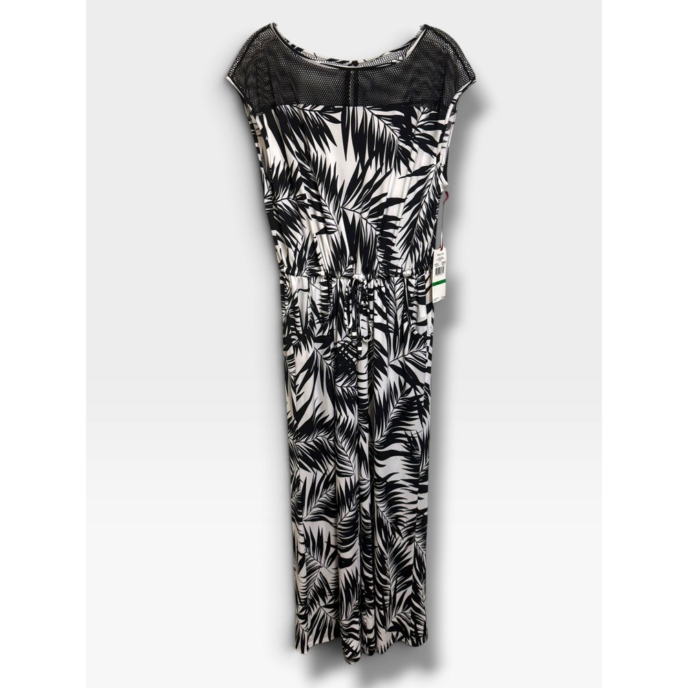 Ruby Rd Palm Reader Romper Black White Tropical Mesh Wide Leg Jumpsuit L NEW